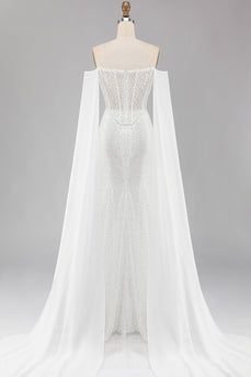 Weißes Meerjungfrauen Herzausschnitt Pailletten Langes Ballkleid mit Umhang