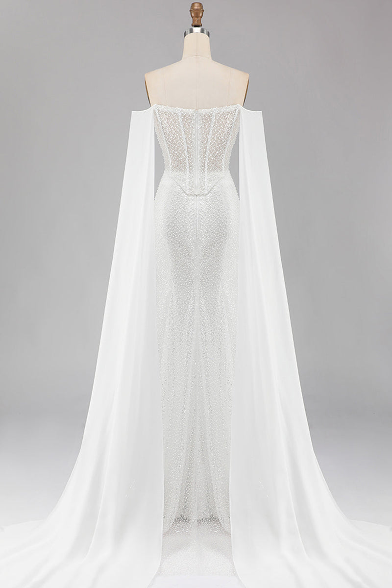 Laden Sie das Bild in den Galerie-Viewer, Weißes Meerjungfrauen Herzausschnitt Pailletten Langes Ballkleid mit Umhang