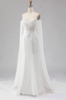 Laden Sie das Bild in den Galerie-Viewer, Weißes Meerjungfrauen Herzausschnitt Pailletten Langes Ballkleid mit Umhang