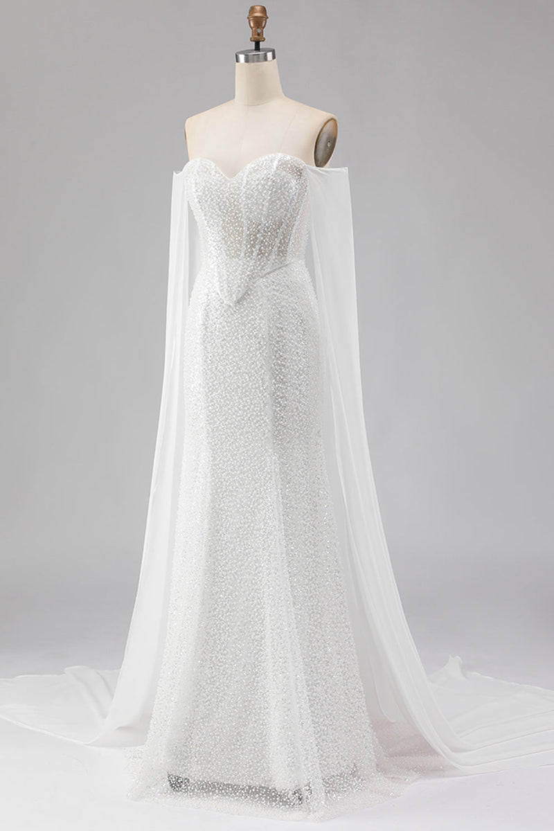 Laden Sie das Bild in den Galerie-Viewer, Weißes Meerjungfrauen Herzausschnitt Pailletten Langes Ballkleid mit Umhang