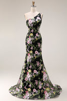 Laden Sie das Bild in den Galerie-Viewer, Schwarzes Einschulteriges Blumen Meerjungfrauen Langes Ballkleid mit Schleppe