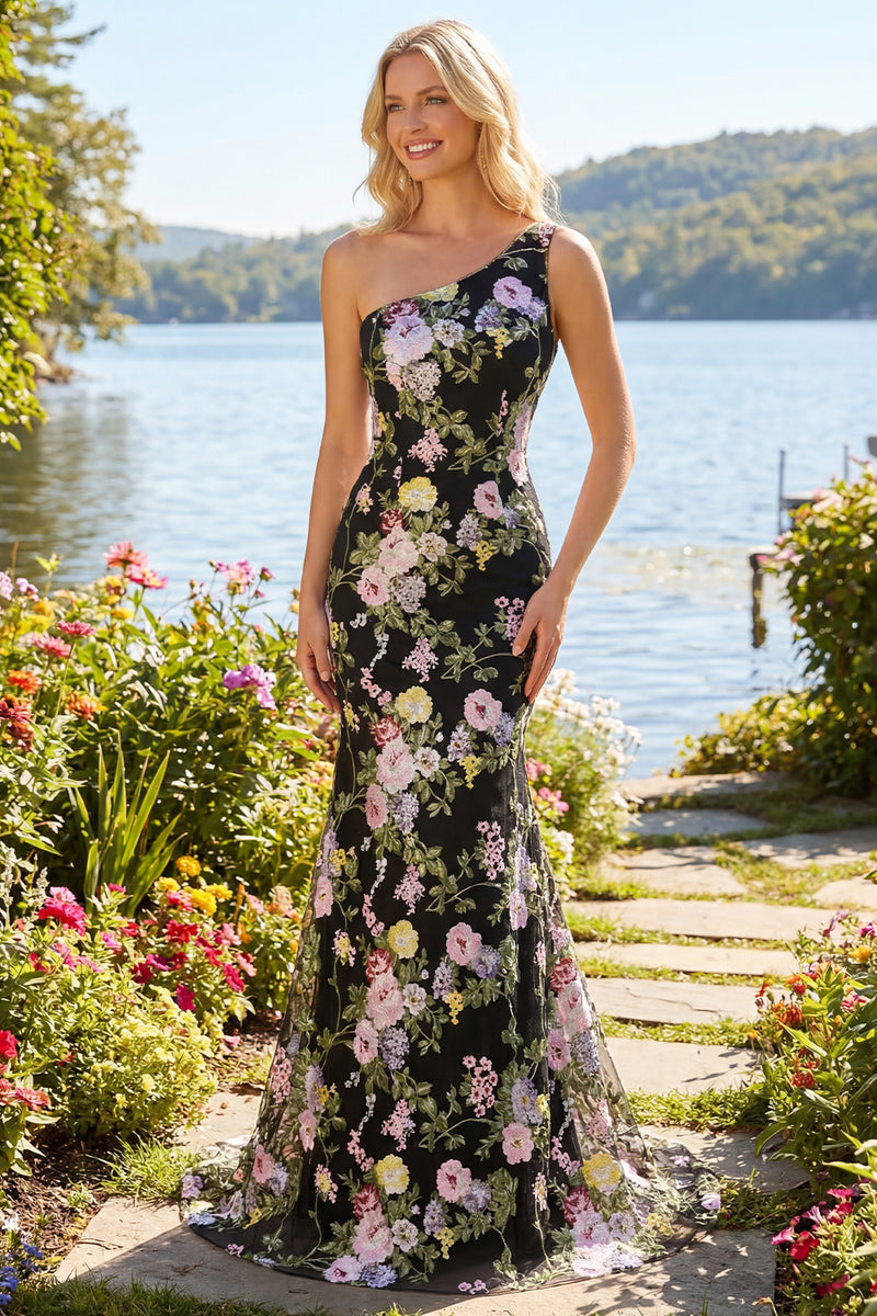 Laden Sie das Bild in den Galerie-Viewer, Schwarzes Einschulteriges Blumen Meerjungfrauen Langes Ballkleid mit Schleppe