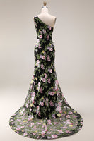 Laden Sie das Bild in den Galerie-Viewer, Schwarzes Einschulteriges Blumen Meerjungfrauen Langes Ballkleid mit Schleppe