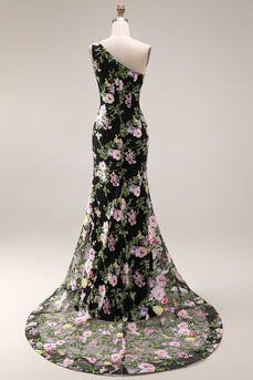 Schwarzes Einschulteriges Blumen Meerjungfrauen Langes Ballkleid mit Schleppe