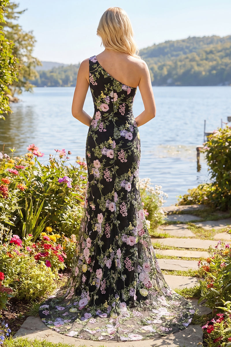 Laden Sie das Bild in den Galerie-Viewer, Schwarzes Einschulteriges Blumen Meerjungfrauen Langes Ballkleid mit Schleppe