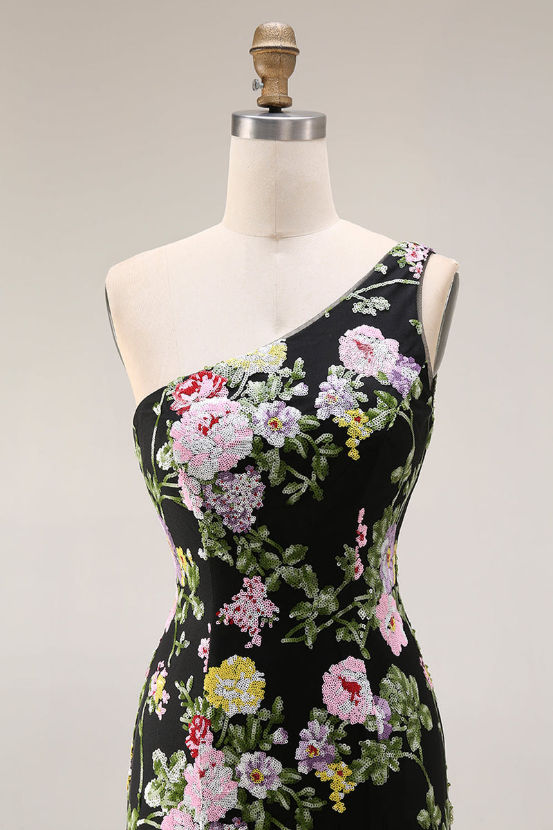 Laden Sie das Bild in den Galerie-Viewer, Schwarzes Einschulteriges Blumen Meerjungfrauen Langes Ballkleid mit Schleppe