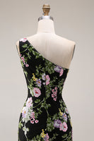 Laden Sie das Bild in den Galerie-Viewer, Schwarzes Einschulteriges Blumen Meerjungfrauen Langes Ballkleid mit Schleppe