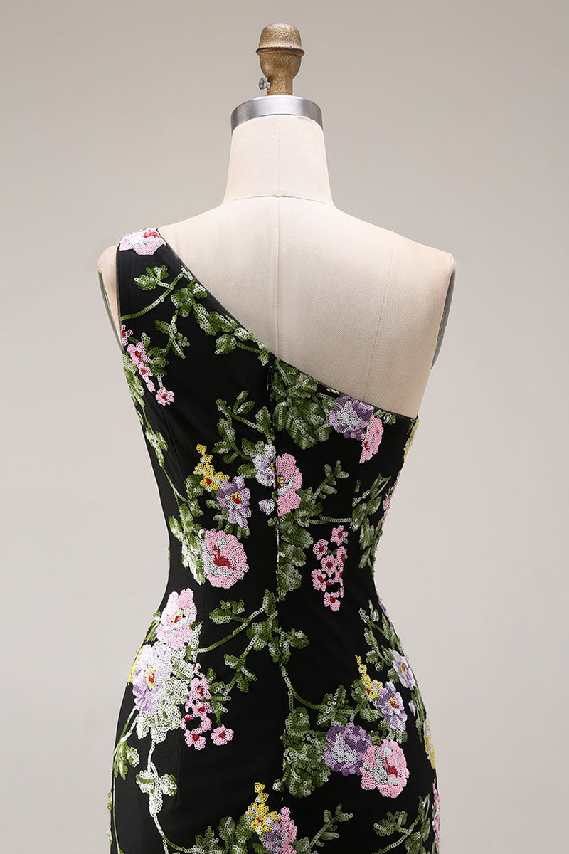 Laden Sie das Bild in den Galerie-Viewer, Schwarzes Einschulteriges Blumen Meerjungfrauen Langes Ballkleid mit Schleppe