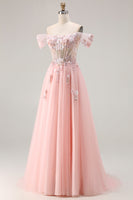 Laden Sie das Bild in den Galerie-Viewer, Rosa A-Linie Strasssteinen Transparentes Korsett Langes Ballkleid mit Pailletten