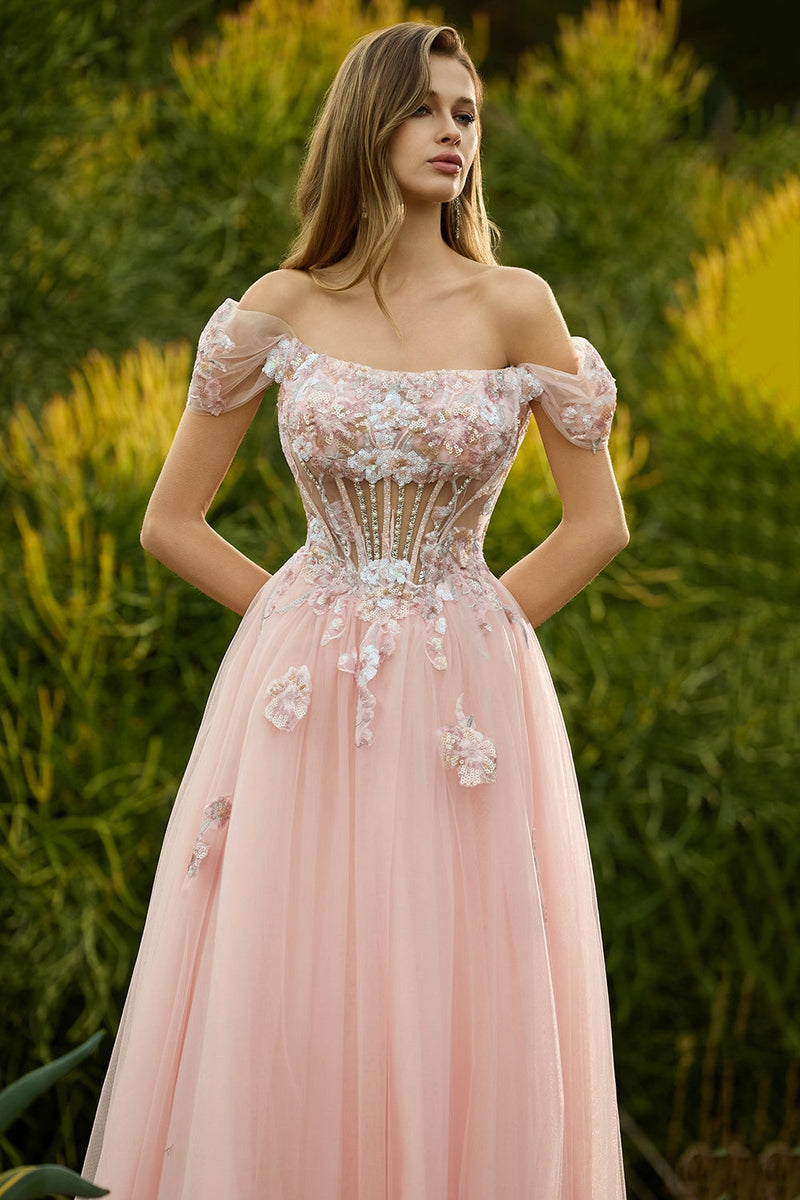 Laden Sie das Bild in den Galerie-Viewer, Rosa A-Linie Perlen Durchsichtiges Korsett Langes Ballkleid mit Pailletten