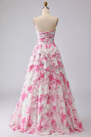 Laden Sie das Bild in den Galerie-Viewer, Weißes Fuchsia Blumen Trägerloses Plissiertes A-Linie Langes Ballkleid mit Rüschen