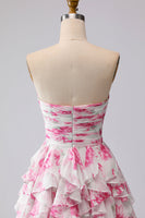 Laden Sie das Bild in den Galerie-Viewer, Weißes Fuchsia Blumen Trägerloses Plissiertes A-Linie Langes Ballkleid mit Rüschen