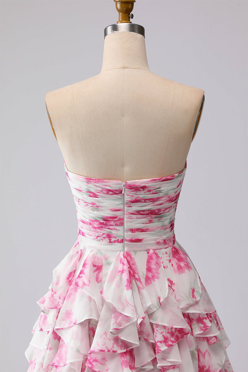 Laden Sie das Bild in den Galerie-Viewer, Weißes Fuchsia Blumen Trägerloses Plissiertes A-Linie Langes Ballkleid mit Rüschen