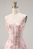 Laden Sie das Bild in den Galerie-Viewer, Rosa Korsett Pailletten A-Linie Blumen Langes Ballkleid mit Stickerei