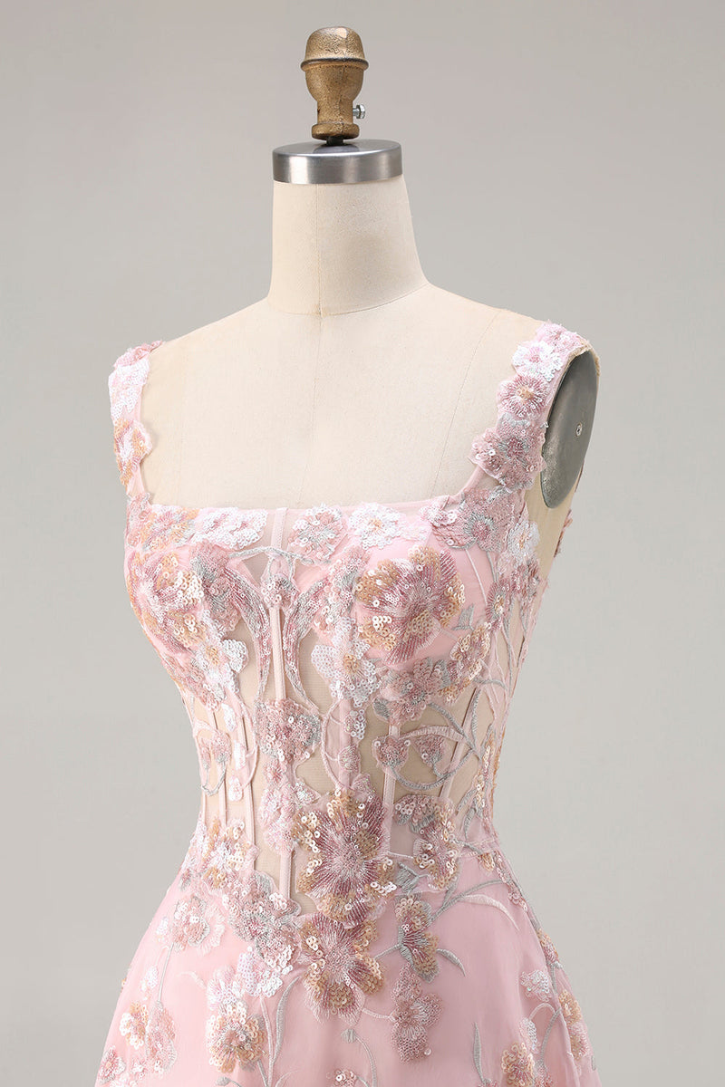 Laden Sie das Bild in den Galerie-Viewer, Rosa Korsett Pailletten A-Linie Blumen Langes Ballkleid mit Stickerei