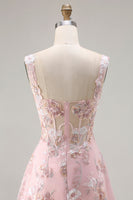 Laden Sie das Bild in den Galerie-Viewer, Rosa Korsett Pailletten A-Linie Blumen Langes Ballkleid mit Stickerei