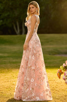 Laden Sie das Bild in den Galerie-Viewer, Rosa Korsett A-Linie Langes Blumen Ballkleid mit Pailletten