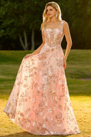 Laden Sie das Bild in den Galerie-Viewer, Rosa Korsett A-Linie Langes Blumen Ballkleid mit Pailletten