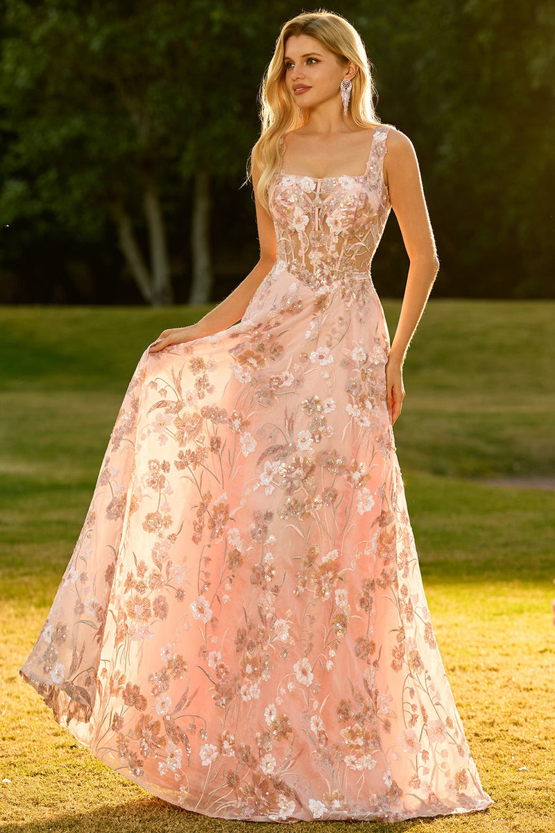 Laden Sie das Bild in den Galerie-Viewer, Rosa Korsett A-Linie Langes Blumen Ballkleid mit Pailletten