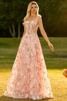 Laden Sie das Bild in den Galerie-Viewer, Rosa Korsett A-Linie Langes Blumen Ballkleid mit Pailletten