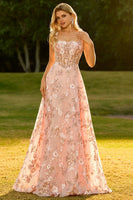 Laden Sie das Bild in den Galerie-Viewer, Rosa Korsett A-Linie Langes Blumen Ballkleid mit Pailletten