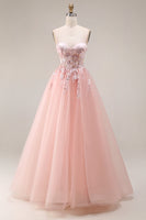 Laden Sie das Bild in den Galerie-Viewer, Blush Applikiertes A-Linie Tüll Korsett Spaghetti-Träger Langes Ballkleid