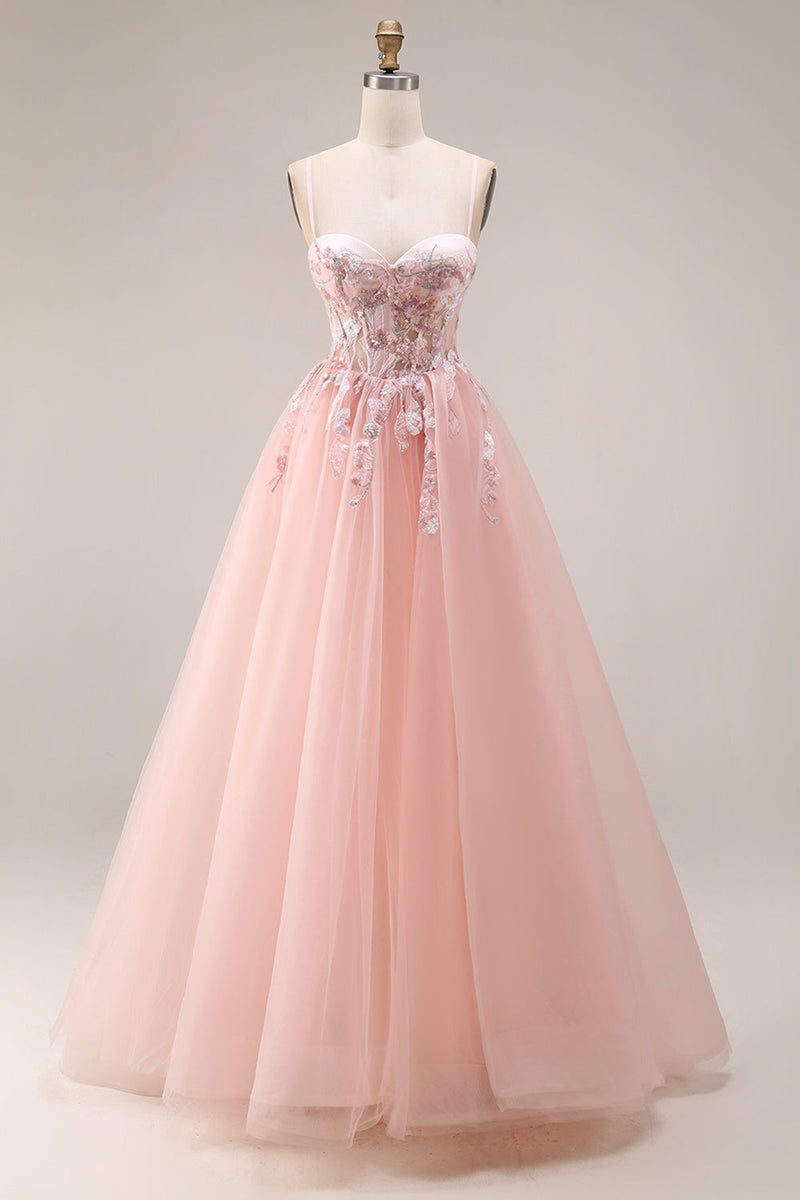 Laden Sie das Bild in den Galerie-Viewer, Blush Applikiertes A-Linie Tüll Korsett Spaghetti-Träger Langes Ballkleid