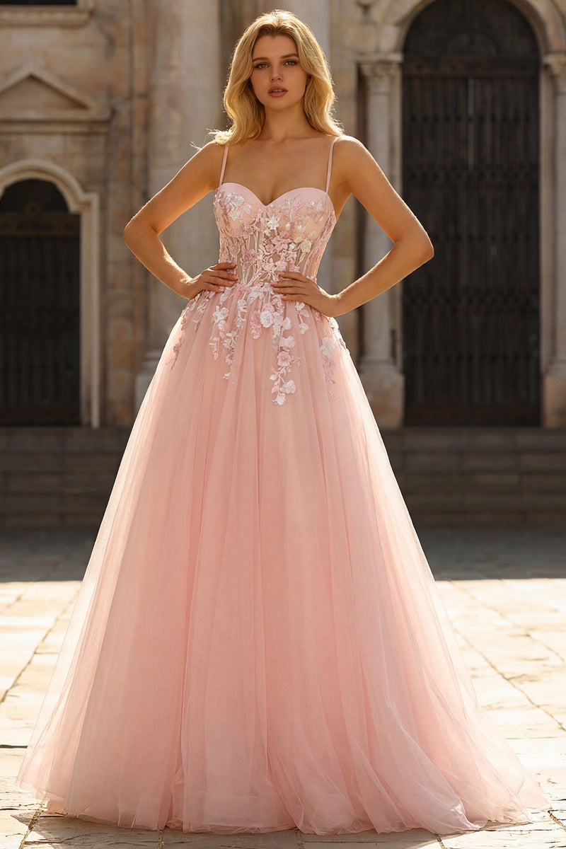 Laden Sie das Bild in den Galerie-Viewer, Blush Applikiertes A-Linie Tüll Korsett Spaghetti-Träger Langes Ballkleid