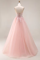 Laden Sie das Bild in den Galerie-Viewer, Blush Applikiertes A-Linie Tüll Korsett Spaghetti-Träger Langes Ballkleid