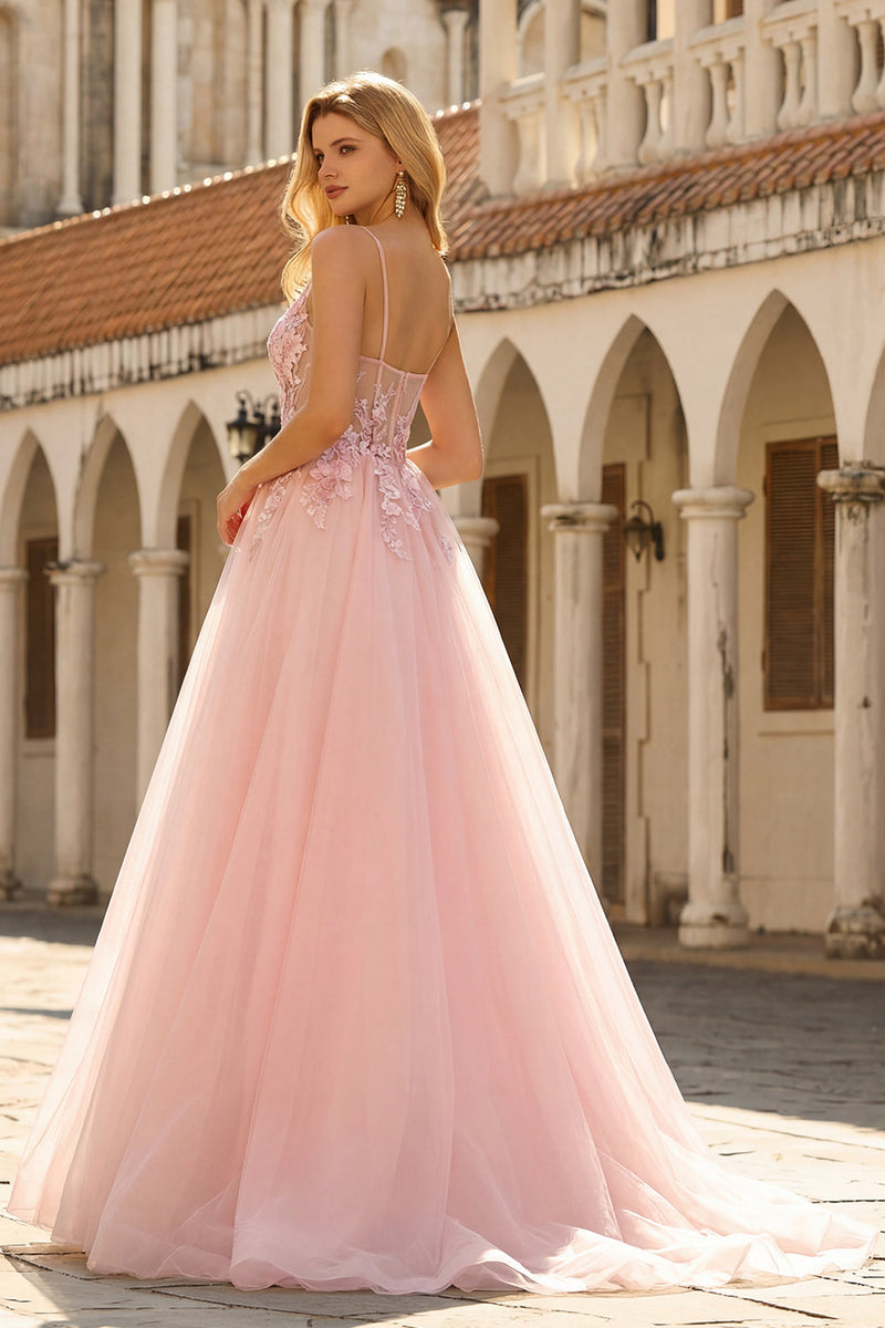 Laden Sie das Bild in den Galerie-Viewer, Blush Applikiertes A-Linie Tüll Korsett Spaghetti-Träger Langes Ballkleid
