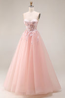 Laden Sie das Bild in den Galerie-Viewer, Blush Applikiertes A-Linie Tüll Korsett Spaghetti-Träger Langes Ballkleid