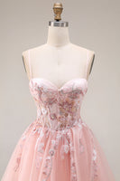 Laden Sie das Bild in den Galerie-Viewer, Blush Applikiertes A-Linie Tüll Korsett Spaghetti-Träger Langes Ballkleid