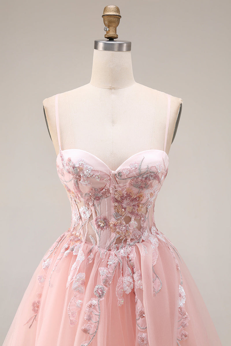 Laden Sie das Bild in den Galerie-Viewer, Blush Applikiertes A-Linie Tüll Korsett Spaghetti-Träger Langes Ballkleid