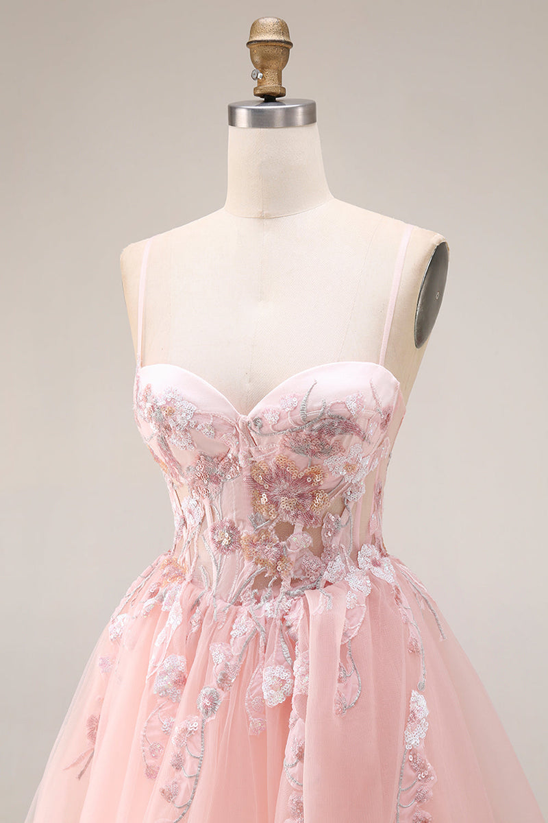 Laden Sie das Bild in den Galerie-Viewer, Blush Applikiertes A-Linie Tüll Korsett Spaghetti-Träger Langes Ballkleid