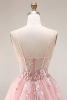 Laden Sie das Bild in den Galerie-Viewer, Blush Applikiertes A-Linie Tüll Korsett Spaghetti-Träger Langes Ballkleid