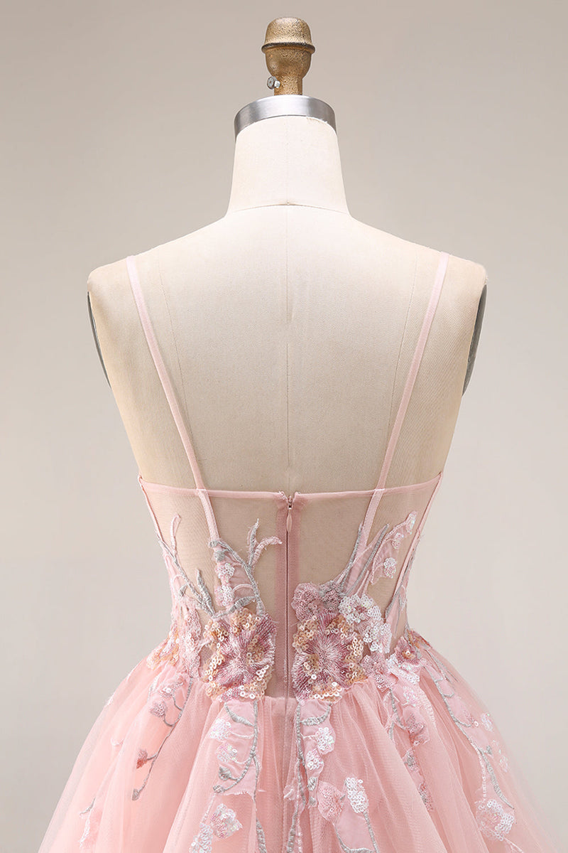 Laden Sie das Bild in den Galerie-Viewer, Blush Applikiertes A-Linie Tüll Korsett Spaghetti-Träger Langes Ballkleid