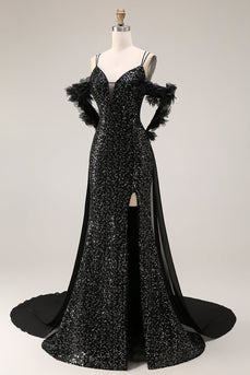 Glitzerndes Pailletten Schwarzes Kalte Schulter Langes Ballkleid mit Schlitz