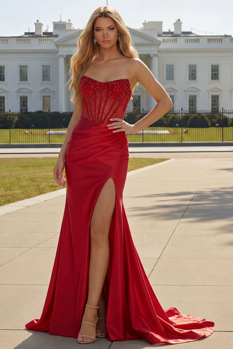 Laden Sie das Bild in den Galerie-Viewer, Rotes Trägerloses Meerjungfrauen Korsett Gerafftes Satin Langes Ballkleid mit Schlitz
