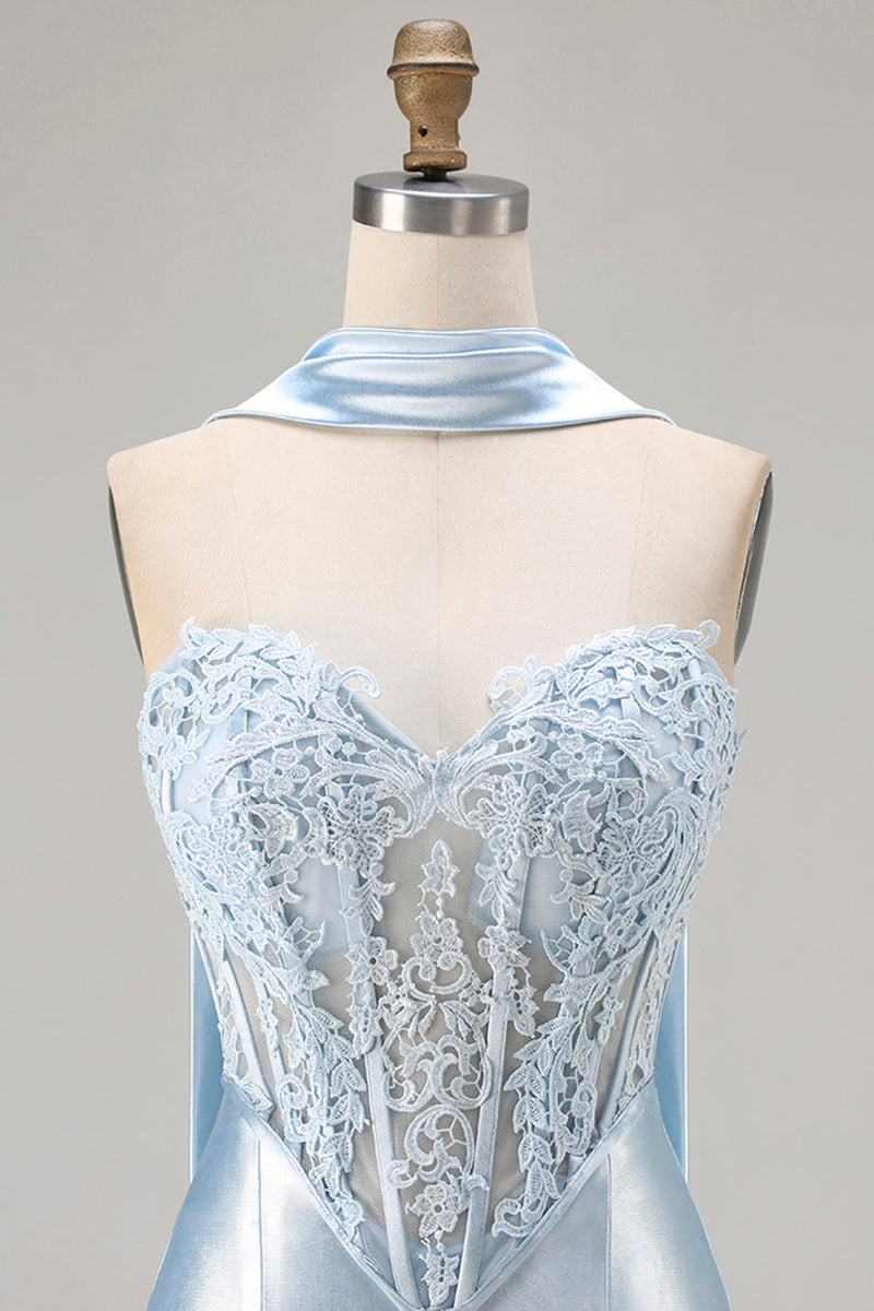 Laden Sie das Bild in den Galerie-Viewer, Blaues Meerjungfrau Korsett Herzausschnitt Wandelbares Langes Satin Ballkleid mit Girlande