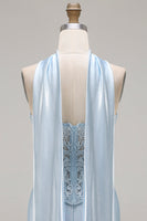 Laden Sie das Bild in den Galerie-Viewer, Blaues Meerjungfrau Korsett Herzausschnitt Wandelbares Langes Satin Ballkleid mit Girlande