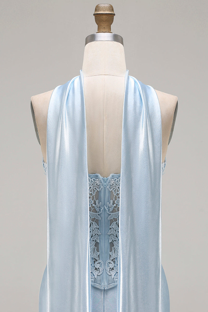 Laden Sie das Bild in den Galerie-Viewer, Blaues Meerjungfrau Korsett Herzausschnitt Wandelbares Langes Satin Ballkleid mit Girlande