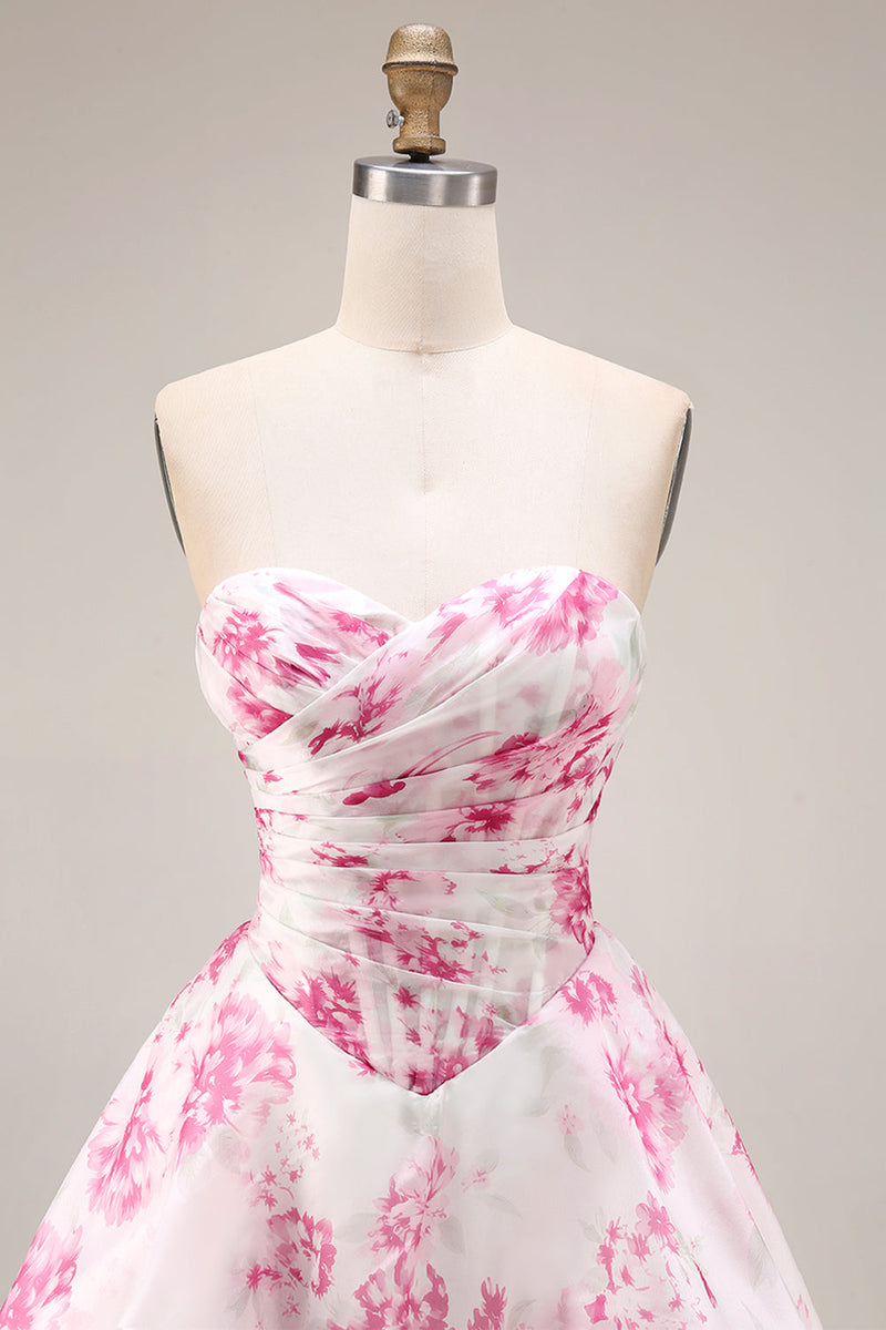 Laden Sie das Bild in den Galerie-Viewer, Weißes Fuksia Blumen Baskisches Taillen A-Linie Langes Ballkleid