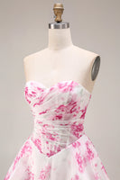 Laden Sie das Bild in den Galerie-Viewer, Weißes Fuksia Blumen Baskisches Taillen A-Linie Langes Ballkleid