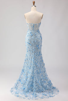 Blaues Meerjungfrauen Trägerloses 3D-Blumen Pailletten Langes Ballkleid mit Schlitz