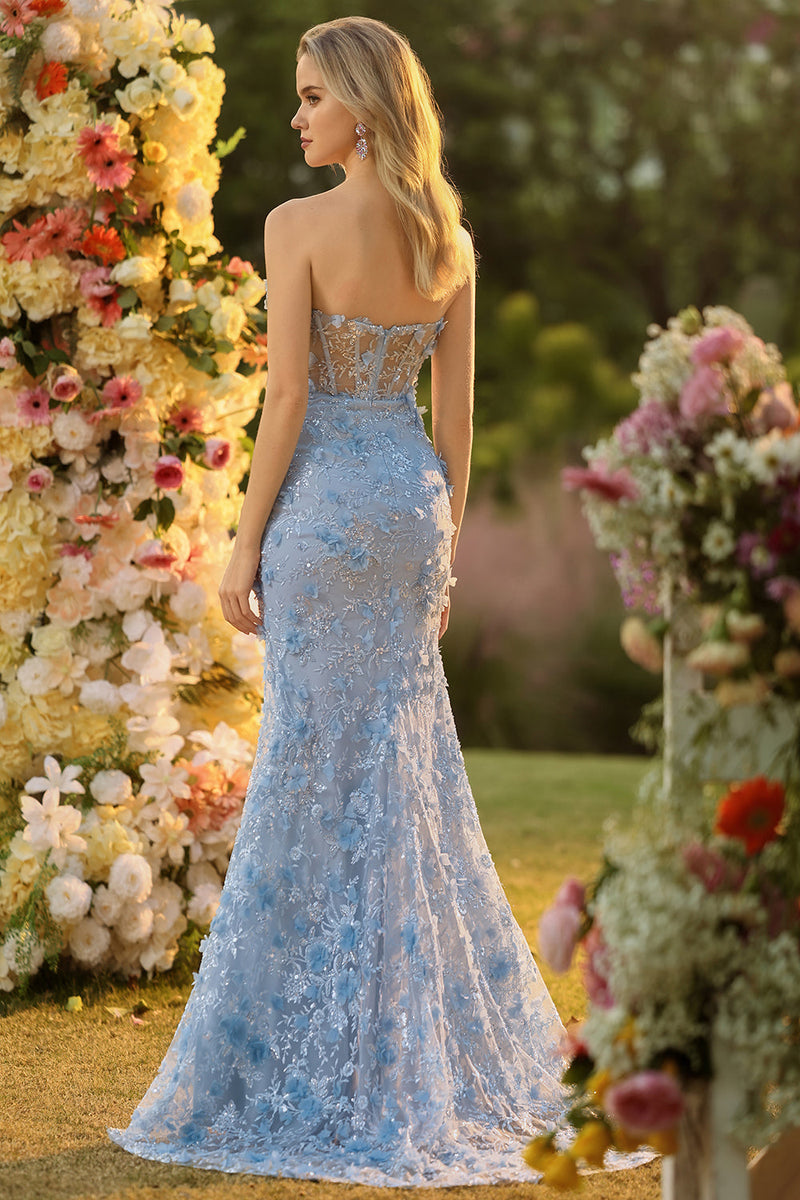 Laden Sie das Bild in den Galerie-Viewer, Fuchsia Meerjungfrauen Korsett Trägerloses 3D-Blumen Pailletten Langes Ballkleid mit Schlitz