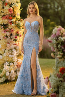Laden Sie das Bild in den Galerie-Viewer, Fuchsia Meerjungfrauen Korsett Trägerloses 3D-Blumen Pailletten Langes Ballkleid mit Schlitz