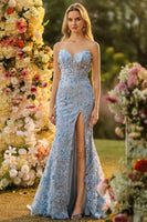 Laden Sie das Bild in den Galerie-Viewer, Fuchsia Meerjungfrauen Korsett Trägerloses 3D-Blumen Pailletten Langes Ballkleid mit Schlitz
