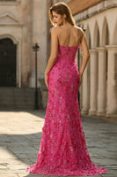 Laden Sie das Bild in den Galerie-Viewer, Fuchsia Meerjungfrauen Korsett Trägerloses 3D-Blumen Pailletten Langes Ballkleid mit Schlitz
