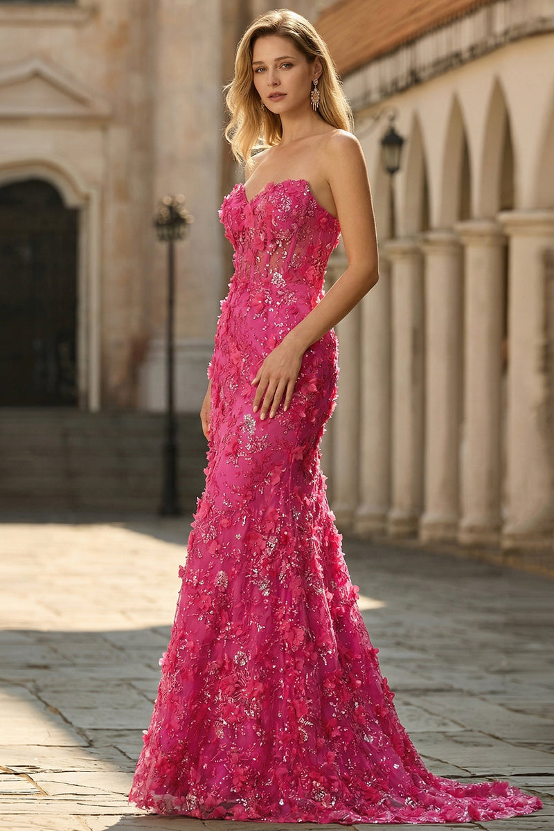 Laden Sie das Bild in den Galerie-Viewer, Fuchsia Meerjungfrauen Korsett Trägerloses 3D-Blumen Pailletten Langes Ballkleid mit Schlitz