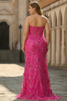 Laden Sie das Bild in den Galerie-Viewer, Fuchsia Meerjungfrauen Trägerloses Korsett 3D-Blumen Pailletten Langes Plus-Size Ballkleid mit Schlitz